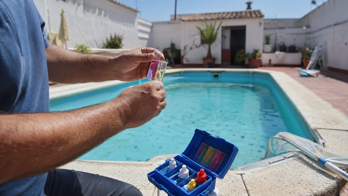 Técnico midiendo cloro y pH del agua con un kit de análisis antes de decidir si conviene vaciar una piscina en Sevilla