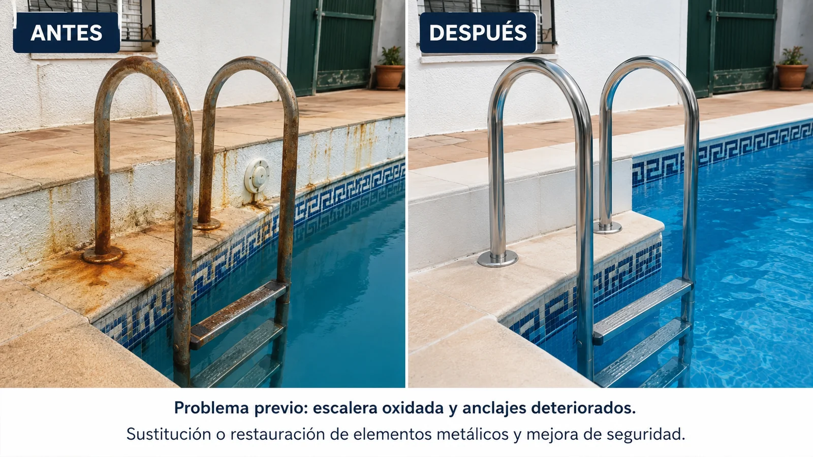 Antes y después de restauración de escalera oxidada y anclajes de una piscina doméstica en Sevilla