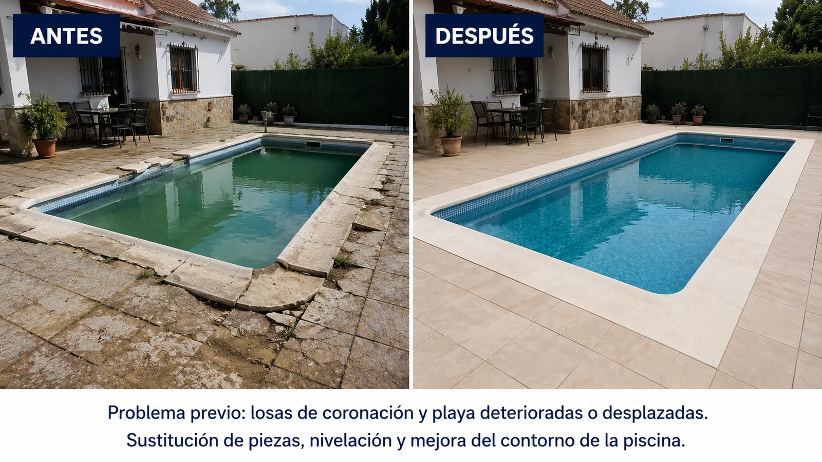Antes y después de sustitución de losas de coronación y playa de una piscina doméstica en Sevilla