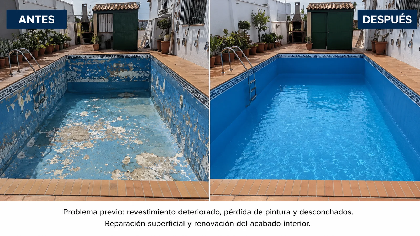 Antes y después de renovación de pintura y acabado interior de una piscina doméstica en Sevilla