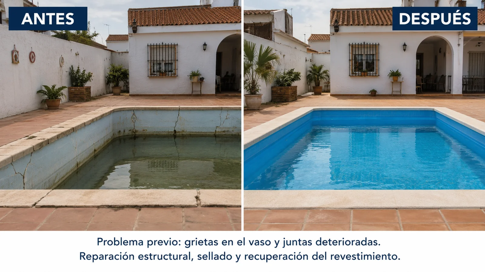 Antes y después de reparación estructural del vaso, reparación de grietas y recuperación del revestimiento de una piscina doméstica en Sevilla