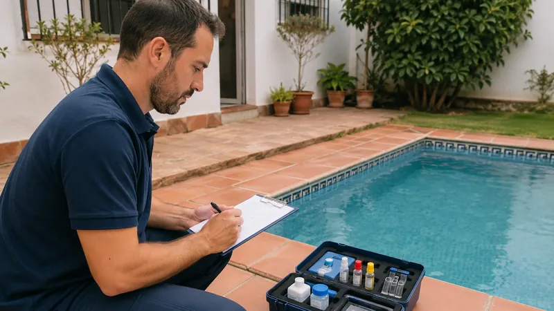Técnico de PiscinaVerde anotando el diagnóstico del agua junto a una piscina doméstica en Sevilla