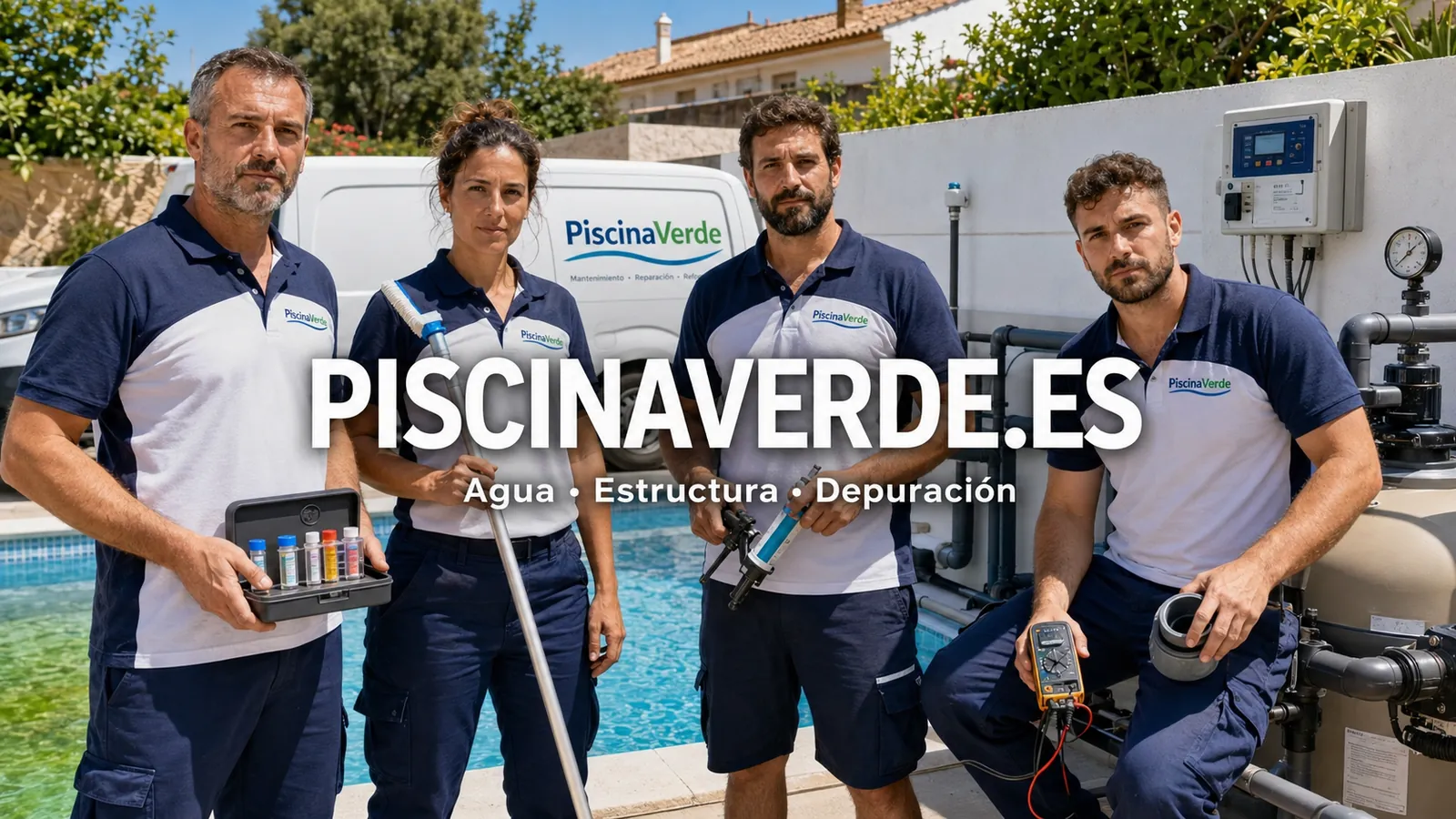 Equipo técnico de PiscinaVerde con furgoneta rotulada, equipo de análisis del agua y depuradora en Sevilla