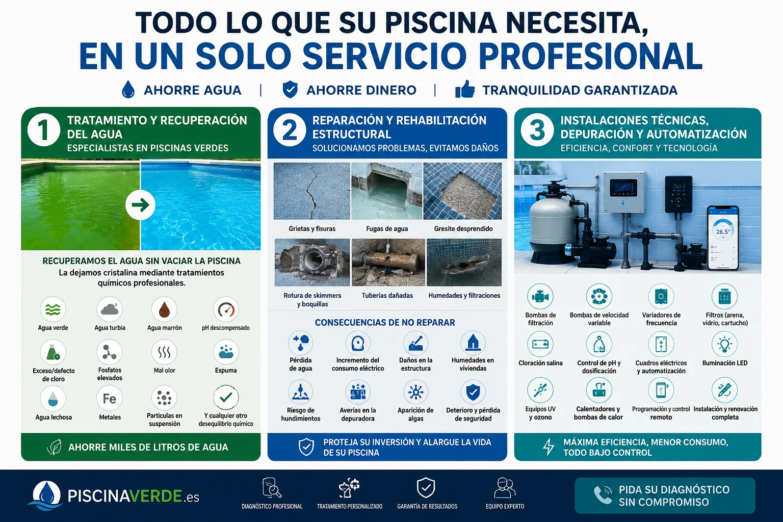 Infografía de PiscinaVerde: tratamiento del agua, reparación estructural e instalaciones y depuración para su piscina