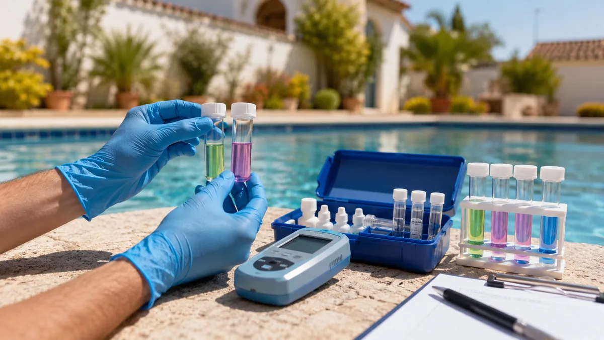 Kit de análisis del agua con colorímetro y reactivos para medir cloro y pH de una piscina en Sevilla