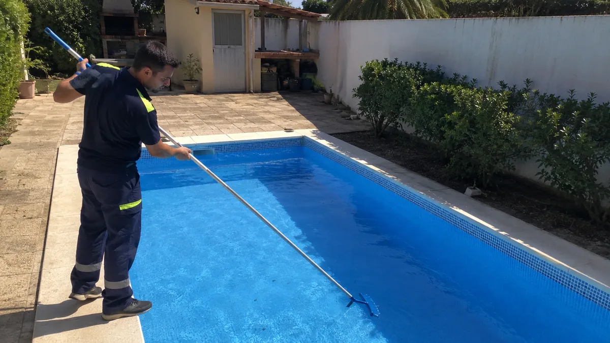 Técnico de PiscinaVerde durante la puesta a punto del vaso de una piscina doméstica de parcela en Sevilla
