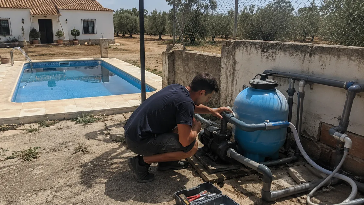 Técnico revisando bomba y filtro de arena de una piscina doméstica en Sevilla