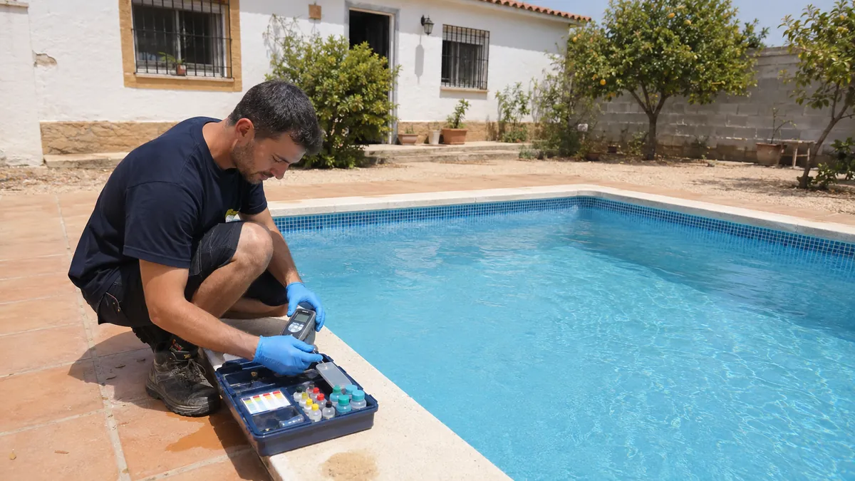 Experto de PiscinaVerde midiendo cloro y pH para recuperar el agua verde de una piscina en Sevilla