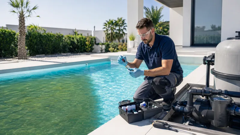 Técnico de PiscinaVerde con guantes tomando una muestra de agua con pipeta junto a la depuradora de una piscina en Sevilla
