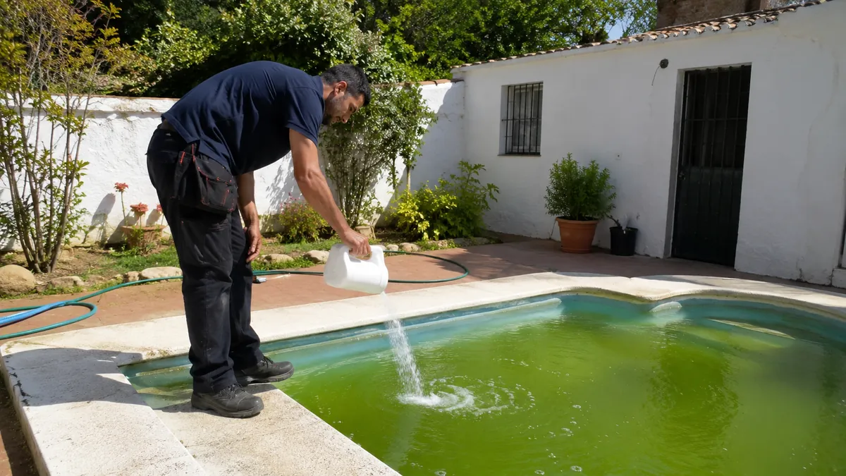Técnico de PiscinaVerde aplicando tratamiento químico dosificado al agua verde de una piscina doméstica en Sevilla
